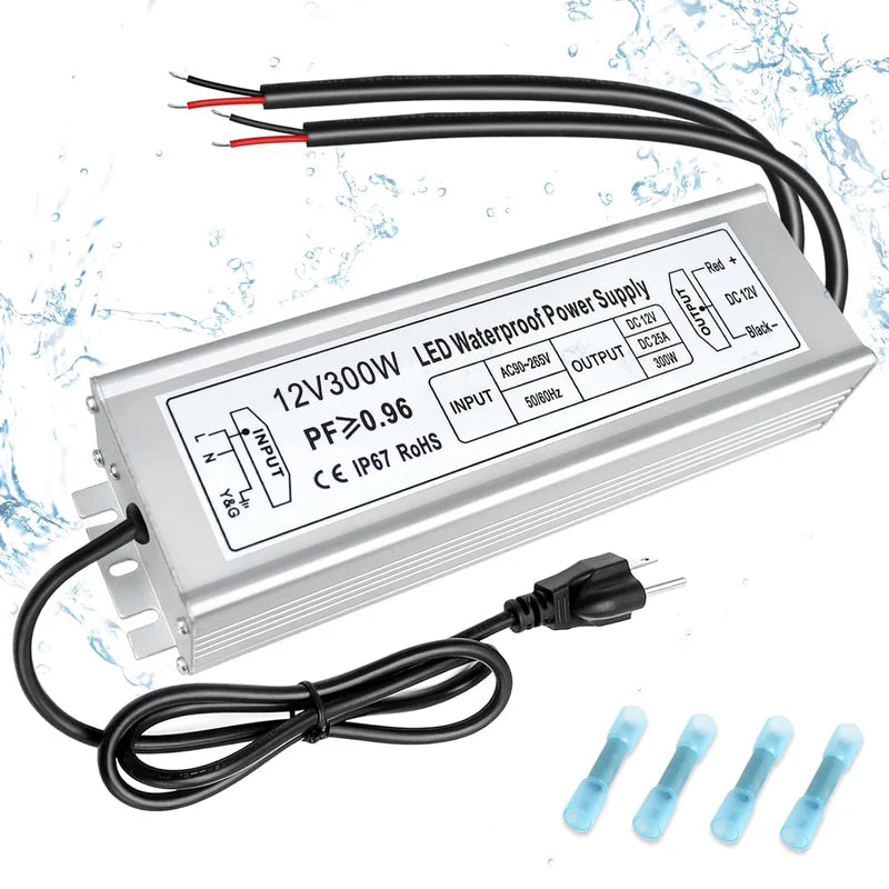 12V Waterproof LED Power Supply, 30W–300W Outdoor LED Driver, 90–265V AC Input, Single or Dual Wire Output, CE/RoHS/FCC Certified, US / UK / EU Plug &amp; Wire Lead Options