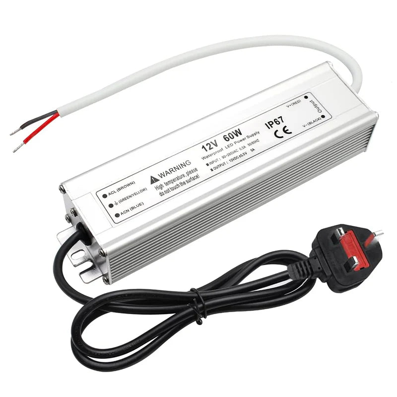 12V Waterproof LED Power Supply, 30W–300W Outdoor LED Driver, 90–265V AC Input, Single or Dual Wire Output, CE/RoHS/FCC Certified, US / UK / EU Plug &amp; Wire Lead Options