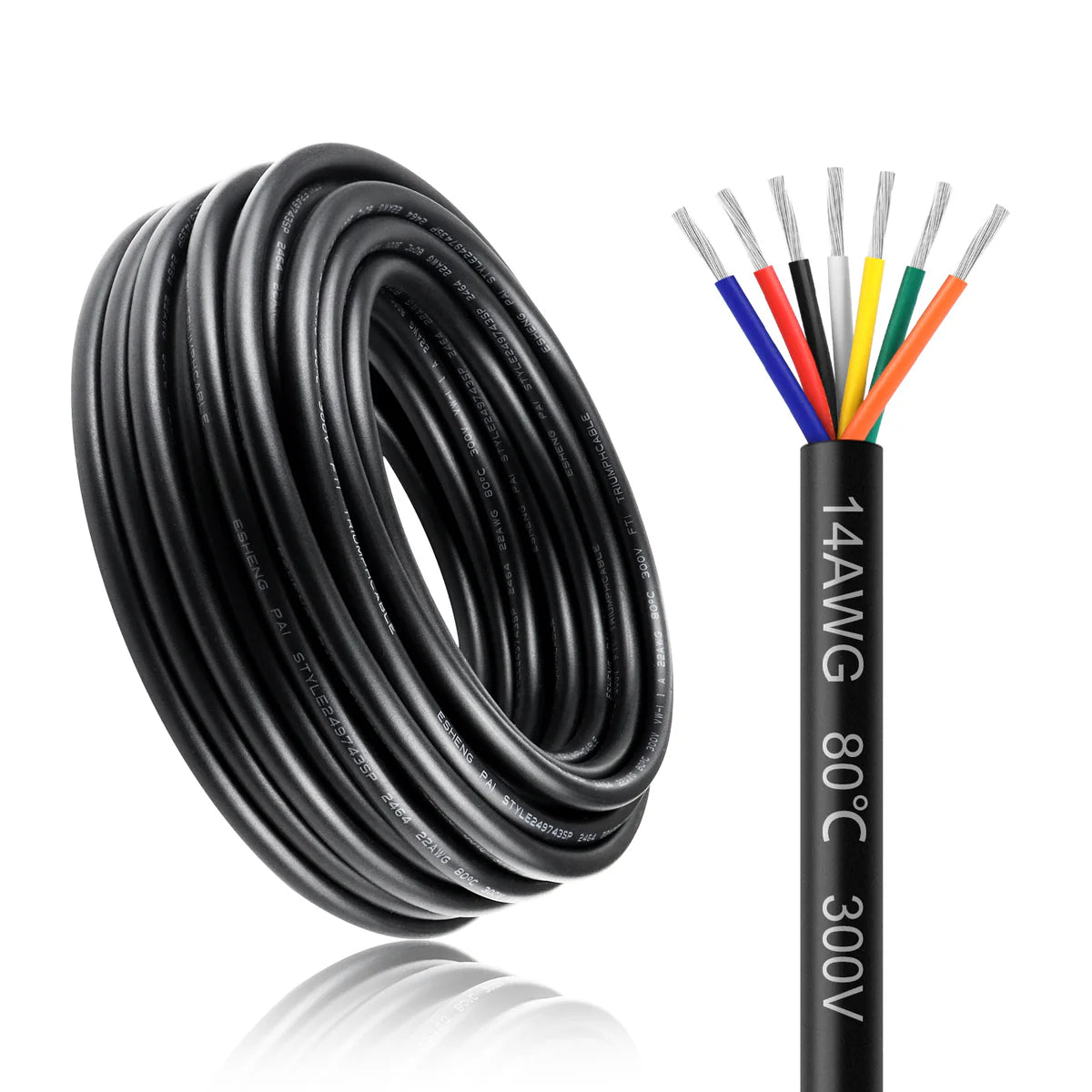 14 AWG Electrical Wire, Stranded Tinned Copper Cable, 6/7/8 Conductor Multi-Core, Black/White PVC Power Extension Cord, Flexible Control Cable — 3m–50m (10ft–165ft) Options