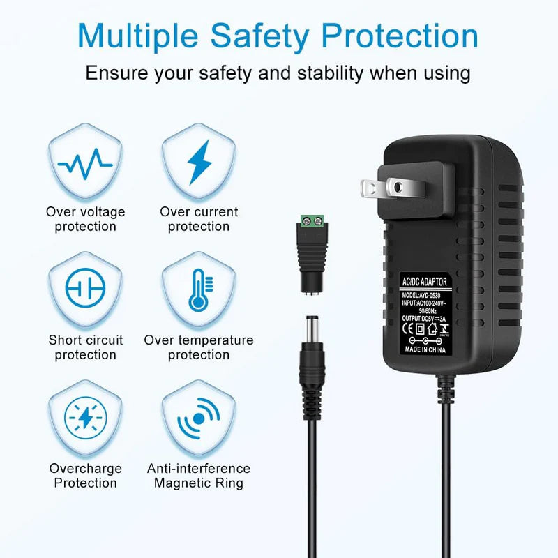 Plug-in Power Supply Adapter DC 5V 15W–25W, AC 100–240V Wall Charger Transformer with US Plug for LED Strip Lights, Routers, USB Devices, Electronics