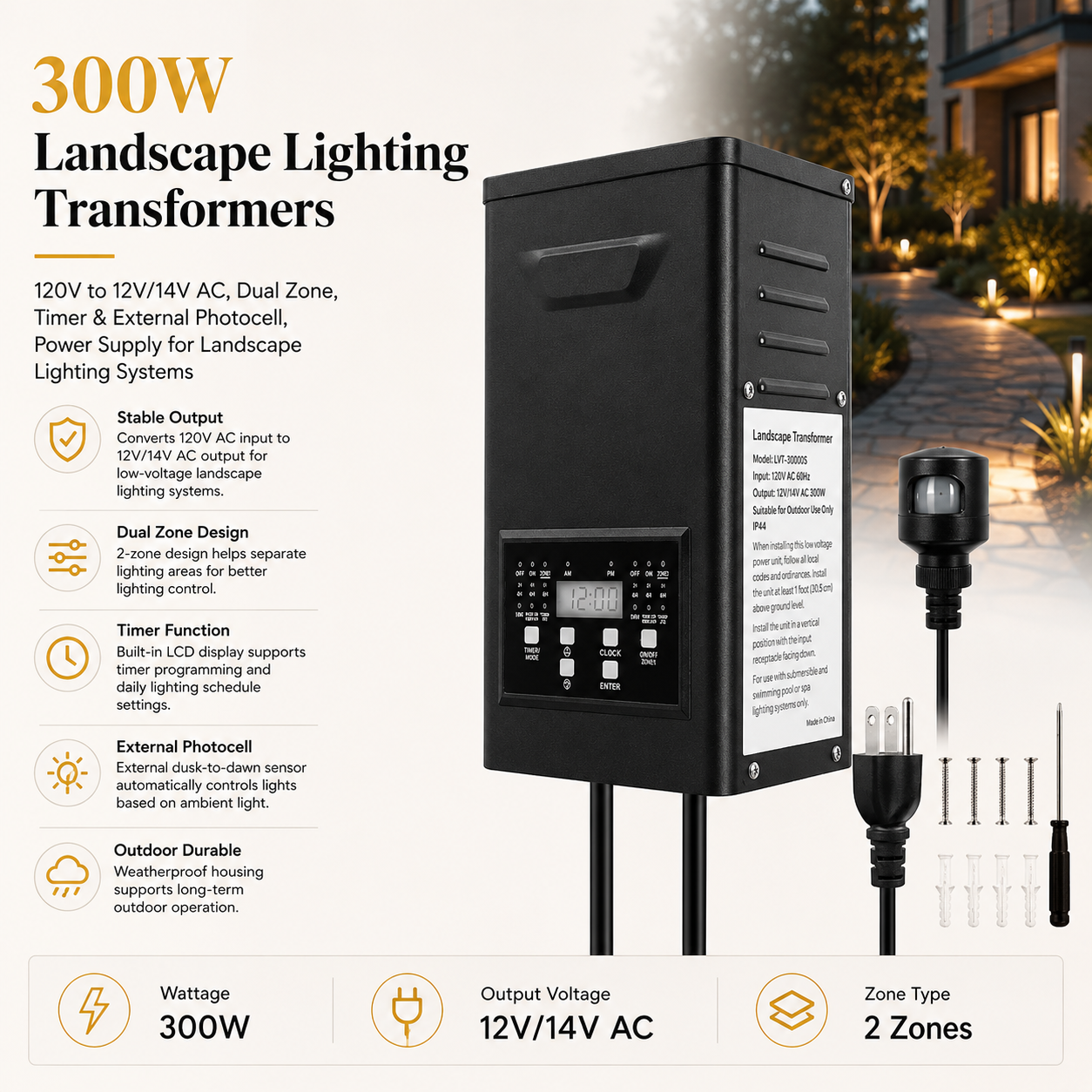 300W Landscape Lighting Transformers – 120V to 12V/14V AC, Dual Zone, Timer & External Photocell, Power Supply for Landscape Lighting Systems
