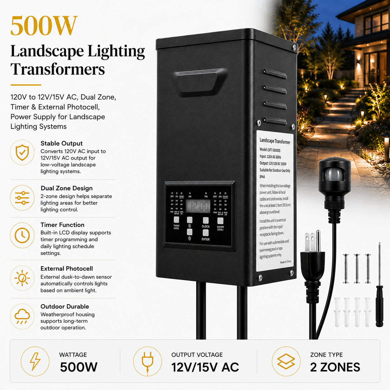 500W Landscape Lighting Transformers – 120V to 12V/15V AC, Dual Zone, Timer & External Photocell, Power Supply for Landscape Lighting Systems