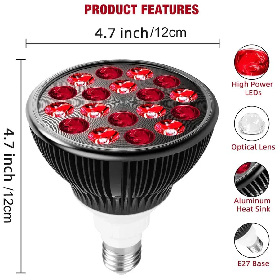 54W PAR38 Infrared Therapy LED Bulb – Dual Chip Red 660nm & Near Infrared 850nm | E26 / E27 Base | With / Without Desktop Clamp | Plug-In Design | for Skin Care & Muscle / Joint Relief | US / EU Plug