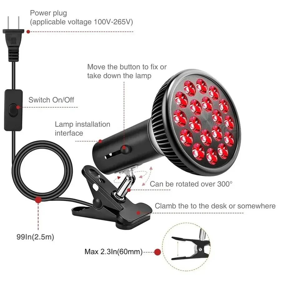 54W PAR38 Infrared Therapy LED Bulb – Dual Chip Red 660nm & Near Infrared 850nm | E26 / E27 Base | With / Without Desktop Clamp | Plug-In Design | for Skin Care & Muscle / Joint Relief | US / EU Plug