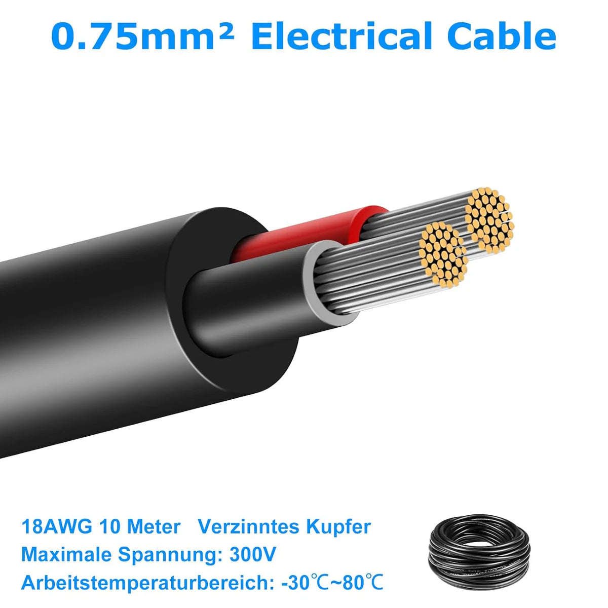 18 AWG Multi-Conductor Cable, Stranded Tinned Copper Wire, 2/3/4/5 Core, Black/White PVC Jacket Extension Cord for Electrical Installations — 3m–50m (10ft–165ft) Options