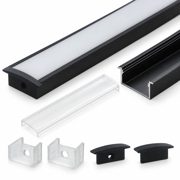 Schwarzes U03 10 x 30 mm U-förmiges Innenmaß 20 mm LED-Aluminium-Kanalsystem mit Abdeckung, Endkappen und Befestigungsklammern Aluminiumprofil für die Installation von LED-Lichtstreifen