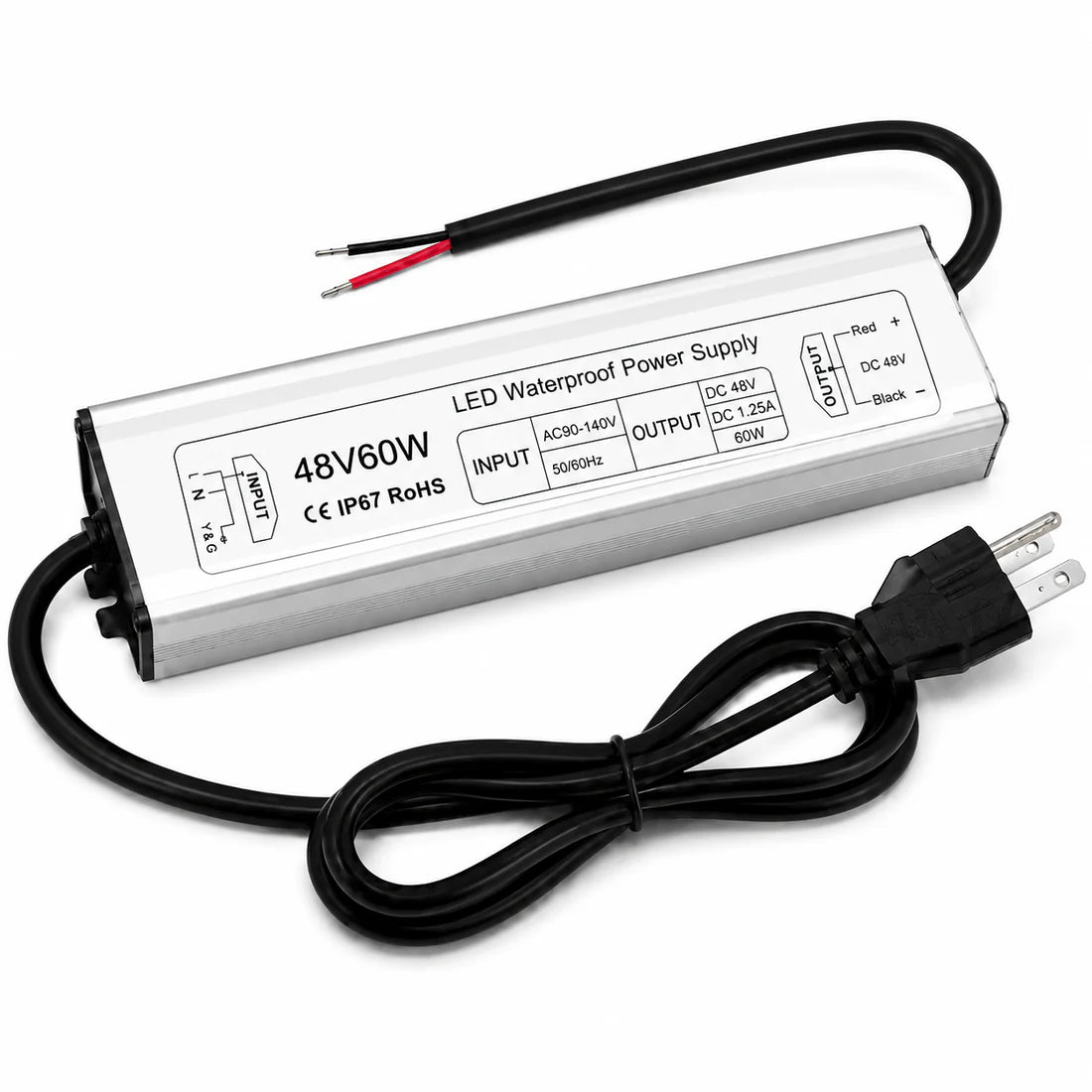 60W 12V/24V/36V/48V Waterproof LED Power Supply, 90-265V Input, Single Output, Aluminum Housing, Outdoor LED Lighting Driver, CE/RoHS/FCC Certified, US/UK/EU Plug