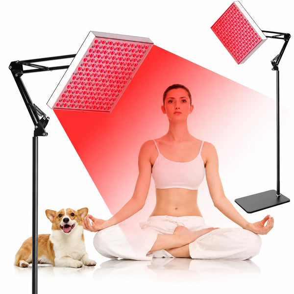 45W Floor Standing Infrared Therapy Lamp – Red Light 655–665nm & IR 850–860nm | Dimmable Timer | AC100–240V | Aluminum Alloy + PC Cover | Floor Stand Included | for Skin Care & Muscle / Joint Relief | US / EU Plug