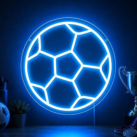 LED Neon Signs – Soccer Ball Silicone Neon Sign – 12×12 Inch | 5V USB Powered Dimmable Ice Blue Glow LED Wall Light | Neon Lamp with Accessories Included | Hanging Sports Decor for Bedroom, Game Room, Bar & Party Spaces