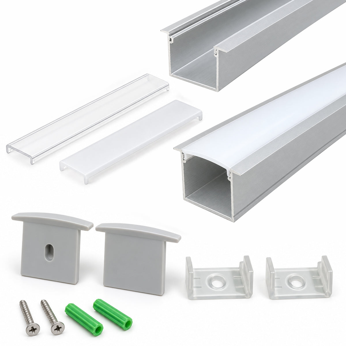 Silver U05 36x24mm U-Shape LED Aluminum Channel, 20mm Inner Width, with Cover, End Caps & Mounting Clips for Spot-Free LED Strip Lighting