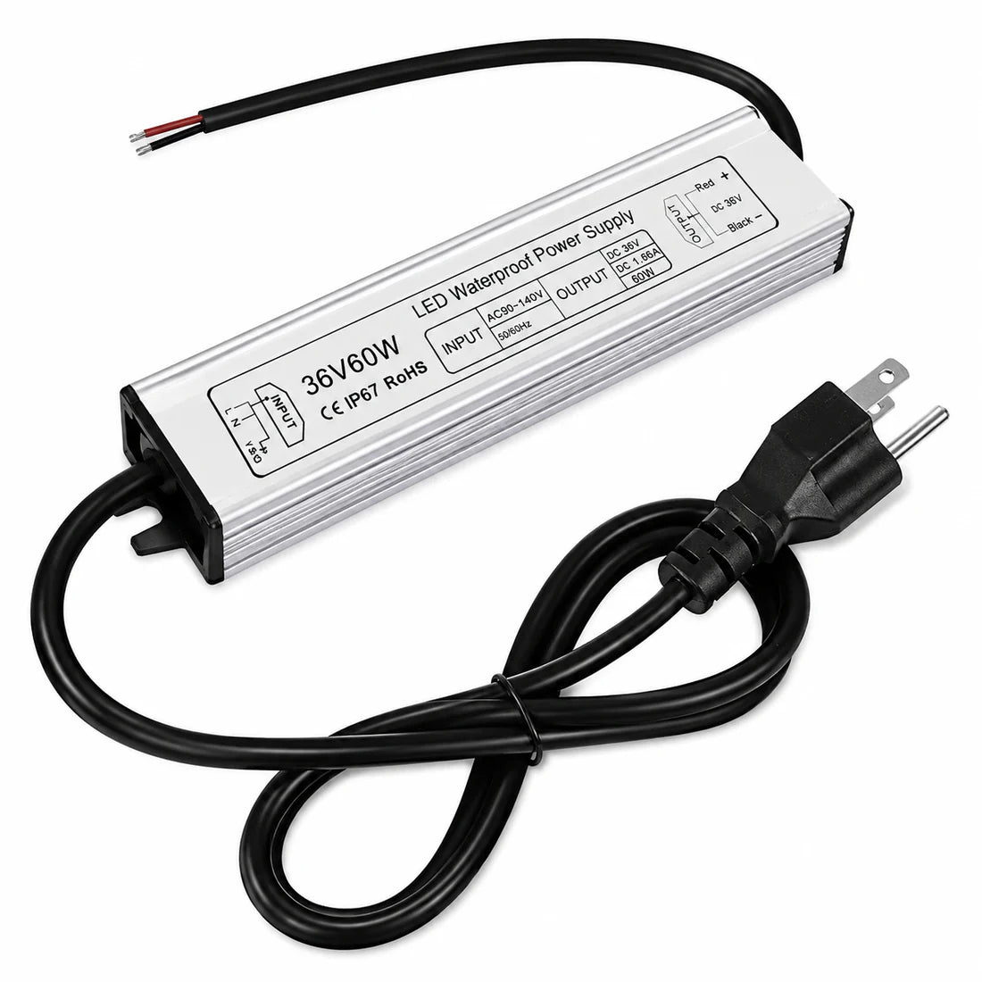 60W 12V/24V/36V/48V Waterproof LED Power Supply, 90-265V Input, Single Output, Aluminum Housing, Outdoor LED Lighting Driver, CE/RoHS/FCC Certified, US/UK/EU Plug