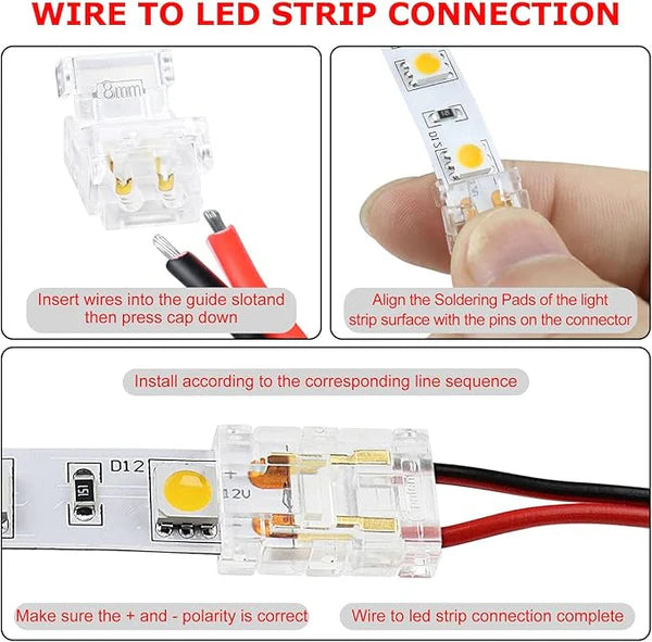 LightingWill LED Strip Connector 8mm 2Pin Transparent Solderless Clips, LED Light Strip Connector Crystal Strip to Wire Strip to Strip DC Adapter L Connector, Bulk 500pcs MOQ Factory Direct