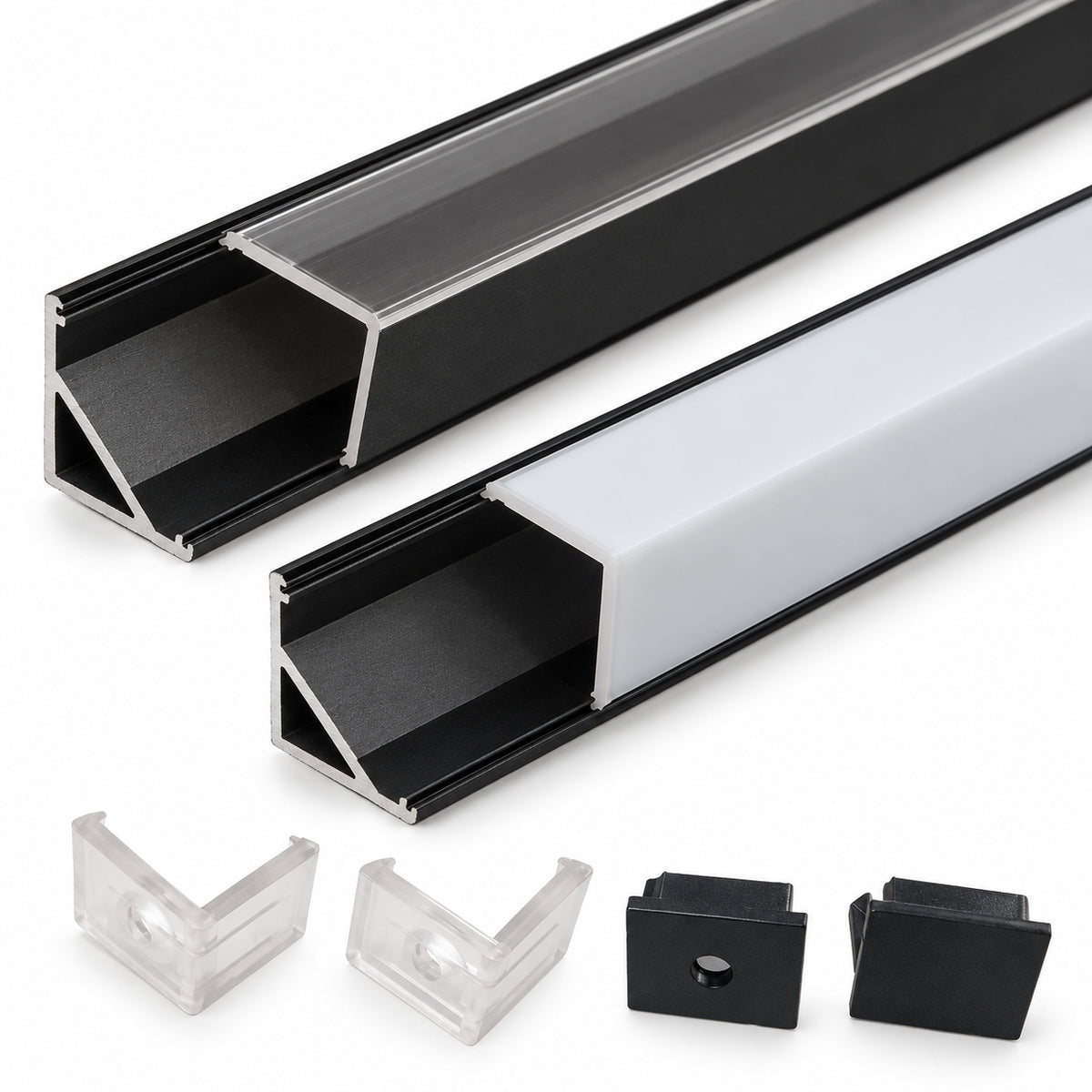 Black V01 16x16mm V-Shape Corner-Mount LED Aluminum Channel, 12mm Inner Width, with Cover, End Caps & Mounting Clips