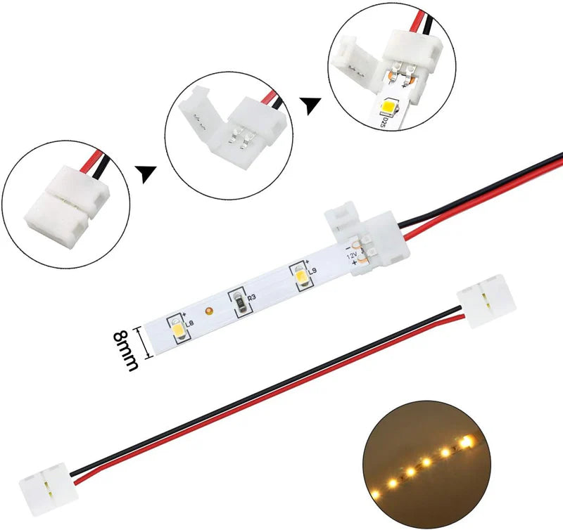 LightingWill LED Strip Connector 10mm 2Pin Solderless Clips, LED Light Strip Connector Strip to Wire Strip to Strip DC Adapter L T Connectors, 10 Pack, Local Stock US UK