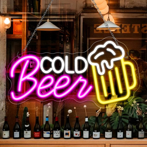LED Neon Signs – Cold Beer LED Sign – 16.5 × 9 Inch | Purple & White Glow | USB Powered | Hanging | Ideal for Bar, Pub, Lounge, Nightclub, Party Mood Lighting