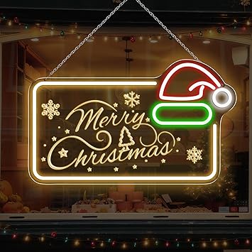 LED Neon Signs – MERRY CHRISTMAS Silicone Neon Sign with Santa Hat – 16.5×10 Inch | Yellow, Red, Green & White Glow Neon Lamp with Accessories Included | Hanging Holiday Decor for Christmas Party, Bedroom & Home Spaces