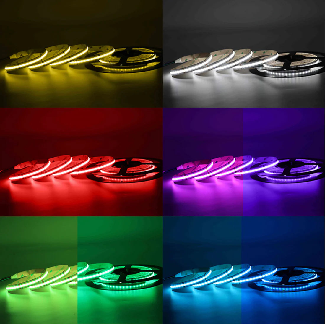 RGB COB LED Strip Light 12V/24V 576/840LEDs/M, 10mm Flexible Dot-Free LED Tape, Non-Waterproof, RGB Color Changing for Cabinet Kitchen & Office Lighting, 5M/10M Pack / Complete Kit
