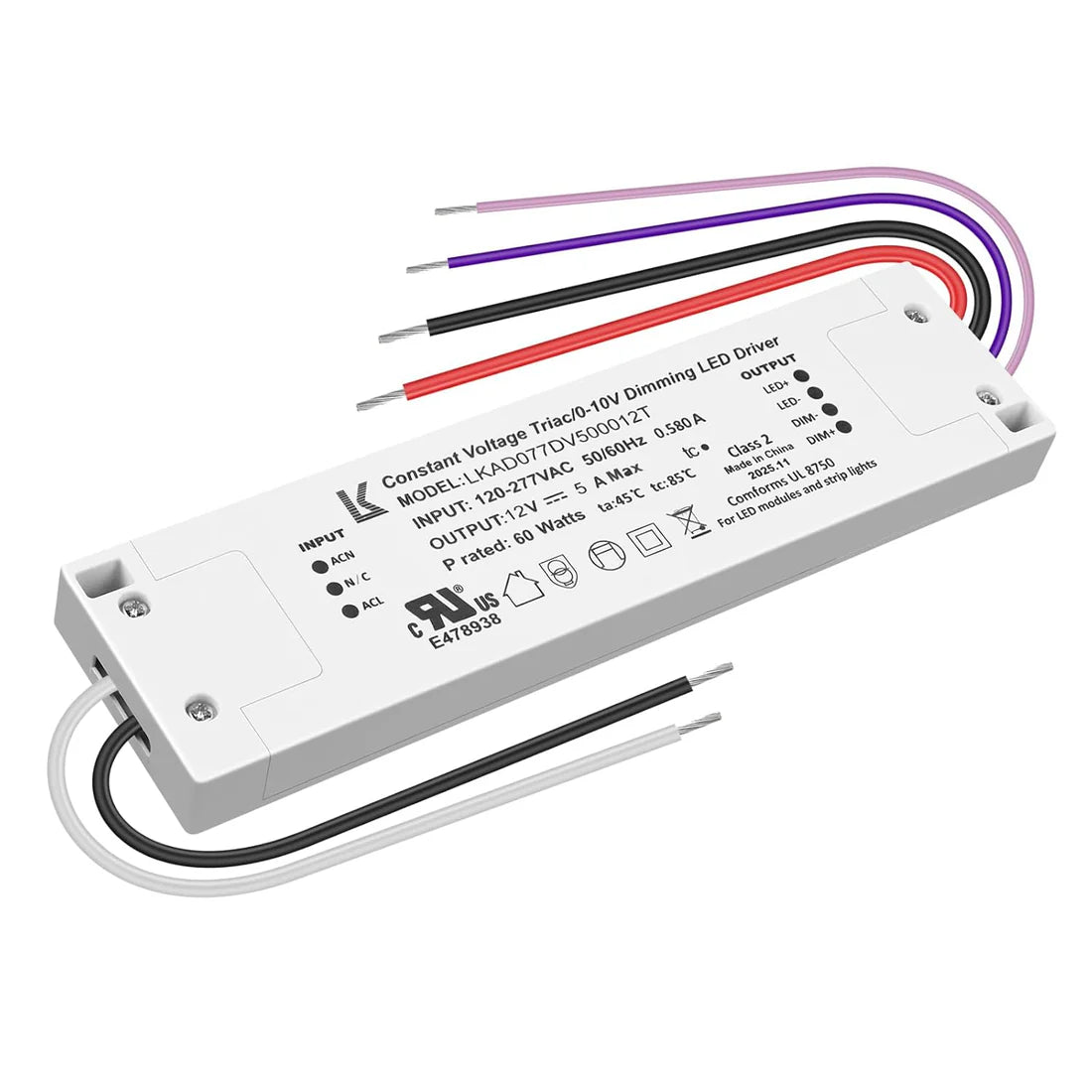 60W 12V DC Plastic Case Triac Dimmable LED Driver, UL Listed, AC 120-277V Input, LED Driver for LED Strip Lighting / Under Cabinet Lighting / Home Ambient Lighting