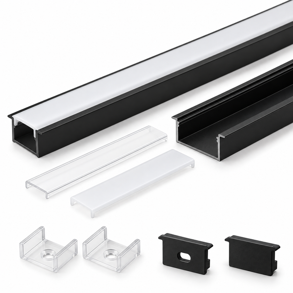 Schwarzes U01 9 x 23 mm U-förmiges Innenprofil, Breite 12 mm, LED-Aluminium-Kanalsystem mit Abdeckung, Endkappen und Befestigungsclips für die Installation von LED-Lichtstreifen