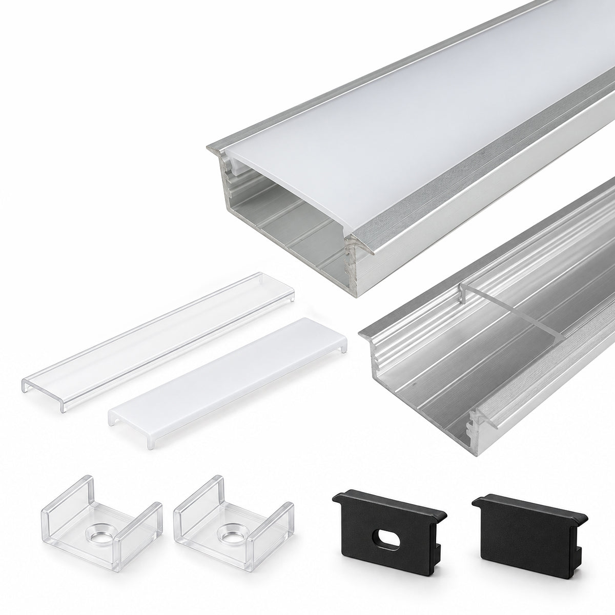 Silber U03 10 x 30 mm U-Form Innenbreite 20 mm LED-Aluminium-Kanalsystem mit Abdeckung, Endkappen und Befestigungsklammern Aluminiumprofil für LED-Lichtstreifeninstallationen