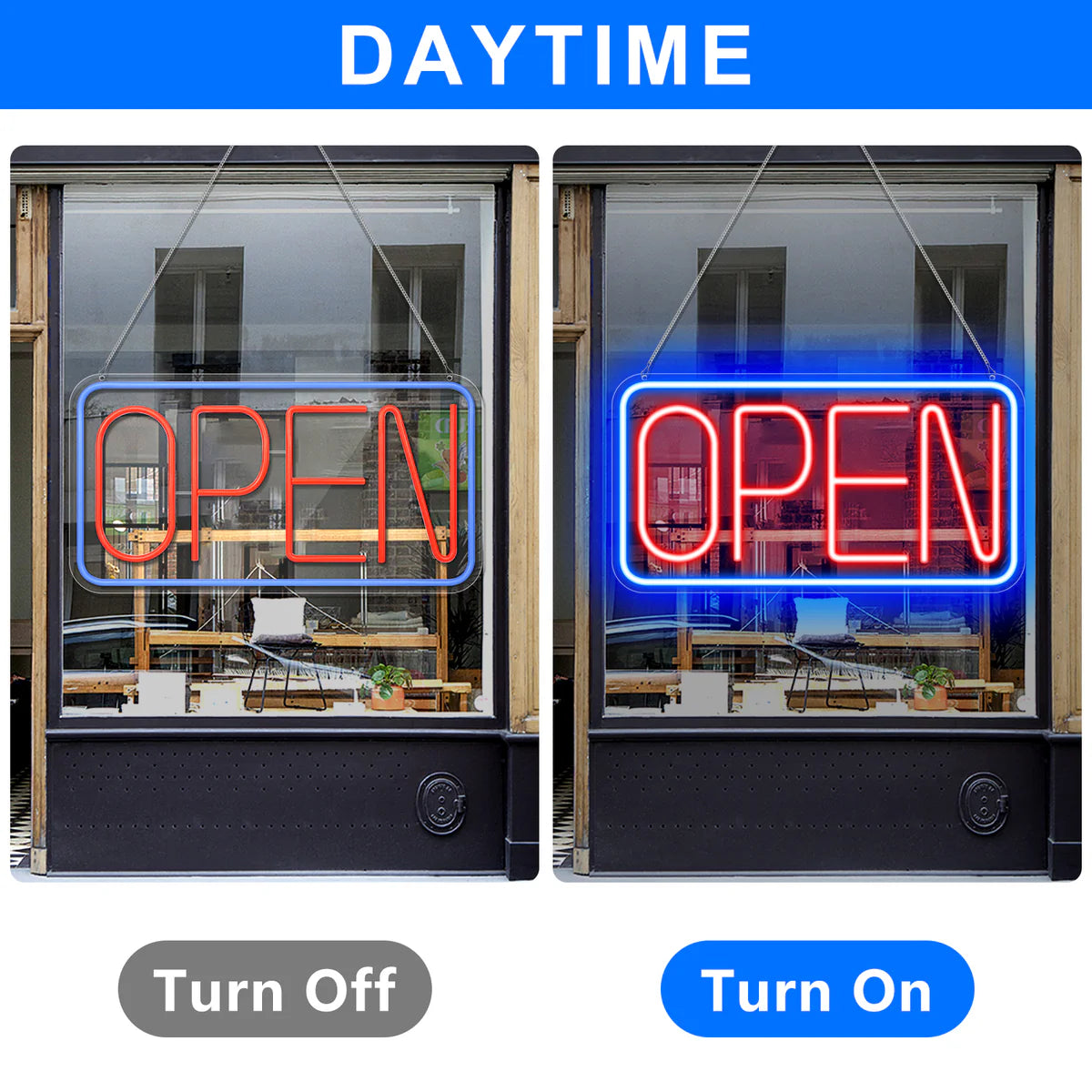 OPEN Neon Sign – 6 Color Options | USB Powered | 17×9 inch (44×24 cm) | LED Window Hanging Light for Storefronts