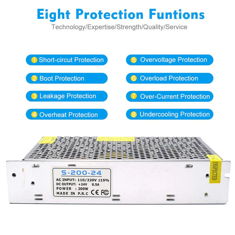 DC 12V/24V 60W–250W Switching Power Supply, AC 110/220V Input, Constant Voltage LED Driver Transformer, Metal Case with Screw Terminals, CE/FCC/RoHS Certified