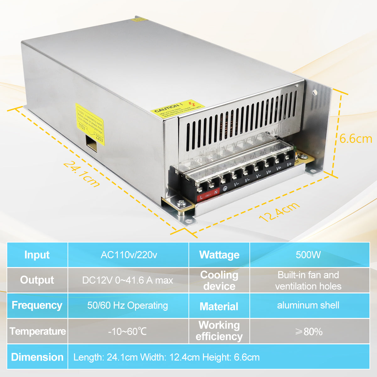 DC 12V LED Switching Power Supply 350W–600W, AC 110/220V Input, High Power LED Driver Transformer, Cooling Fan Metal Case, CE/FCC/RoHS Certified