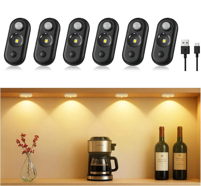 LightingWill Rechargeable Oval LED Closet Light 4/6 Pack, Motion Sensor Tap Switch Dimmable Cabinet Light, Warm / Daylight White, Black / White Finish, Magnetic Mounting for Closets and Cabinets