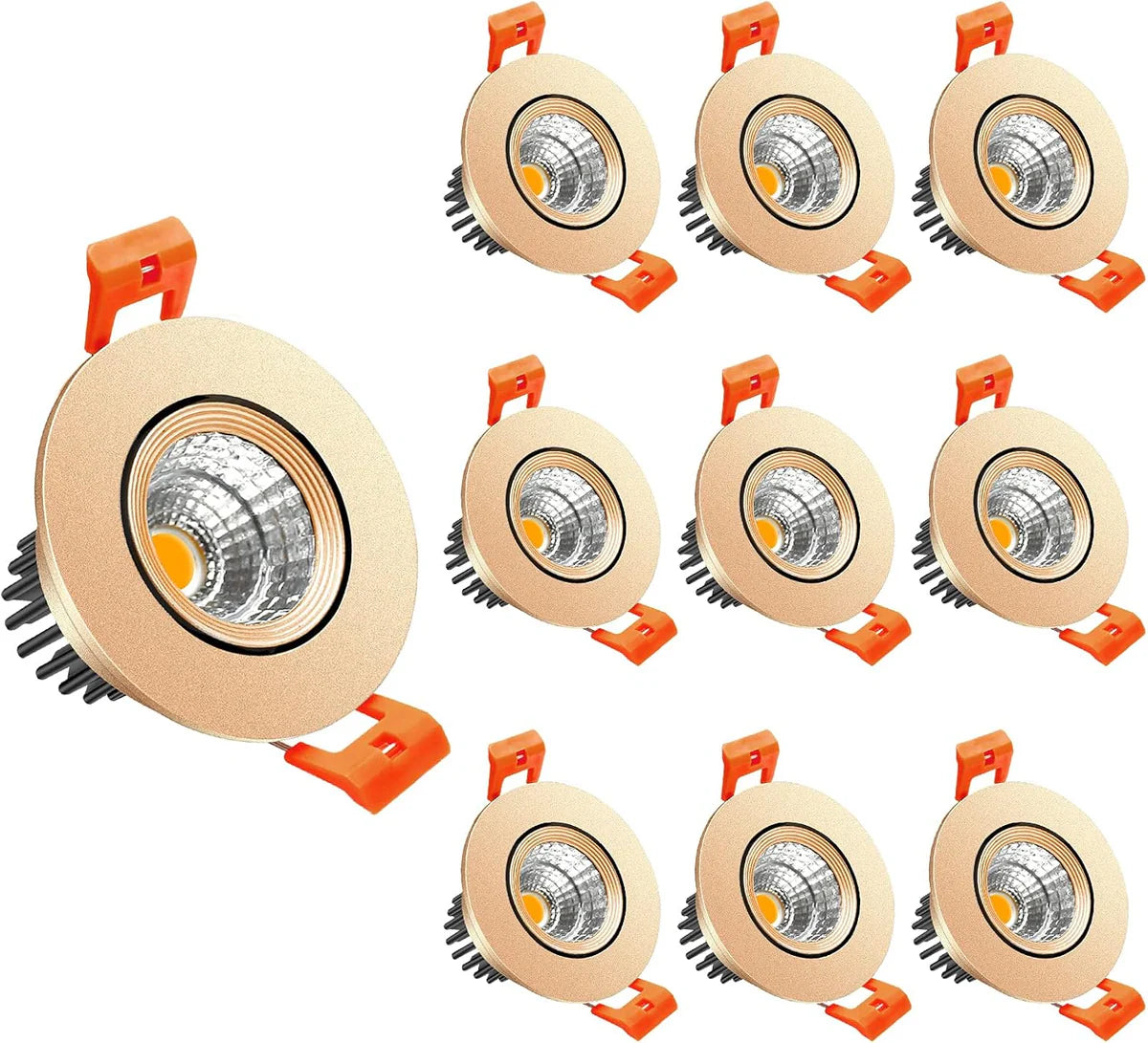 ECO-2 Series Adjustable COB LED Recessed Downlight – Gold Housing – TRIAC Dimmable – 3W – 4-Pack/10-Pack – 3000K–6000K – 100–130V