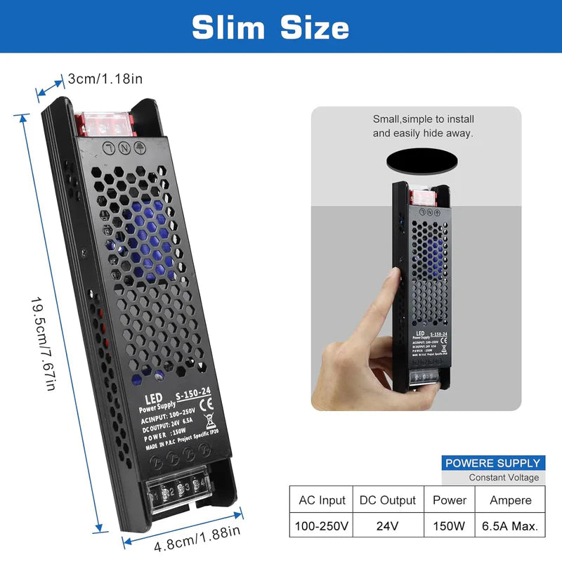 Slim Black DC 12V/24V 36W–200W Switching Power Supply, AC 110–250V Input, Narrow Type LED Transformer, Compact Metal Housing, CE/FCC/RoHS Certified