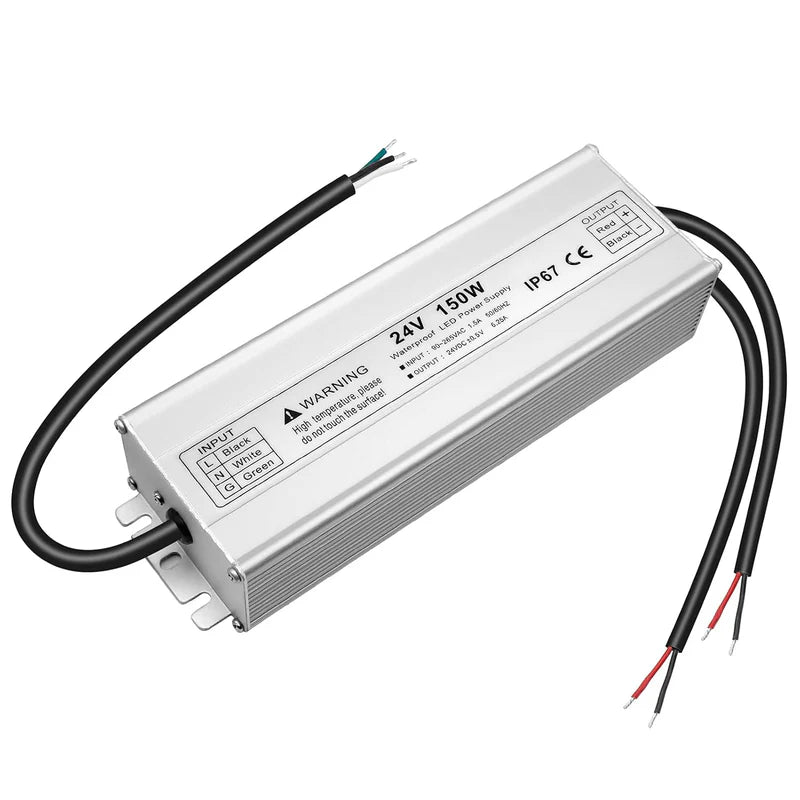 24V Waterproof LED Power Supply – 30W–300W Outdoor LED Driver, 90–265V AC Input, Single or Dual Wire Output, CE/RoHS/FCC Certified, US/UK/EU Plug & Wire Lead Options