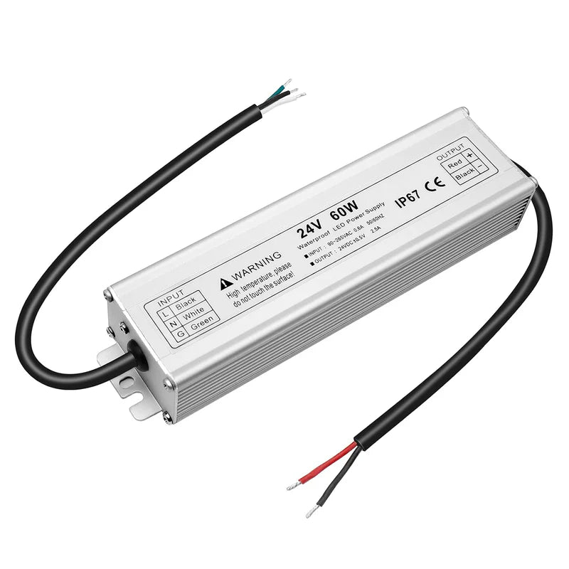 24V Waterproof LED Power Supply – 30W–300W Outdoor LED Driver, 90–265V AC Input, Single or Dual Wire Output, CE/RoHS/FCC Certified, US/UK/EU Plug & Wire Lead Options