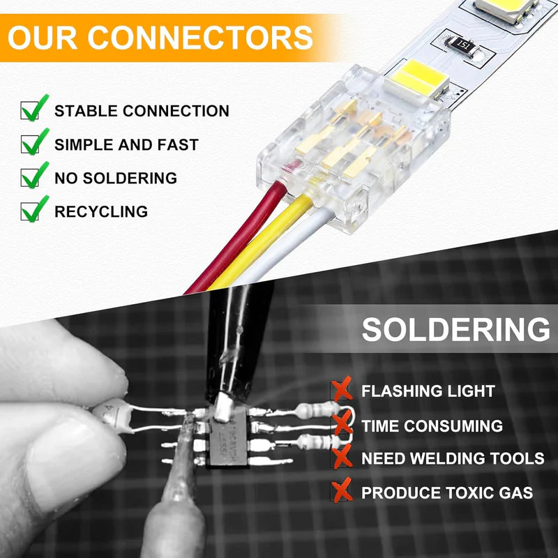 LightingWill LED Strip Connector 10mm 3Pin Transparent Solderless Clips, LED Light Strip Connector Strip to Wire Strip to Strip DC Adapter Connector for RGB IC Strip, Bulk 500pcs MOQ Factory Direct