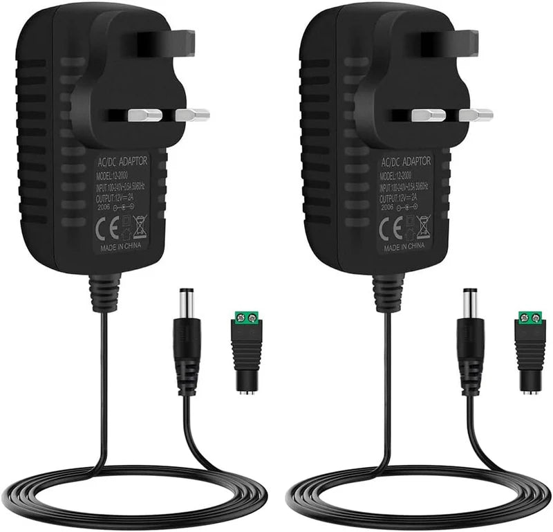 Power Supply Adapter DC 12V 12W–24W, AC 100–240V Wall Plug Transformer with US/UK Plug, Black Case LED Driver for LED Strip Lights, CCTV, Electronics