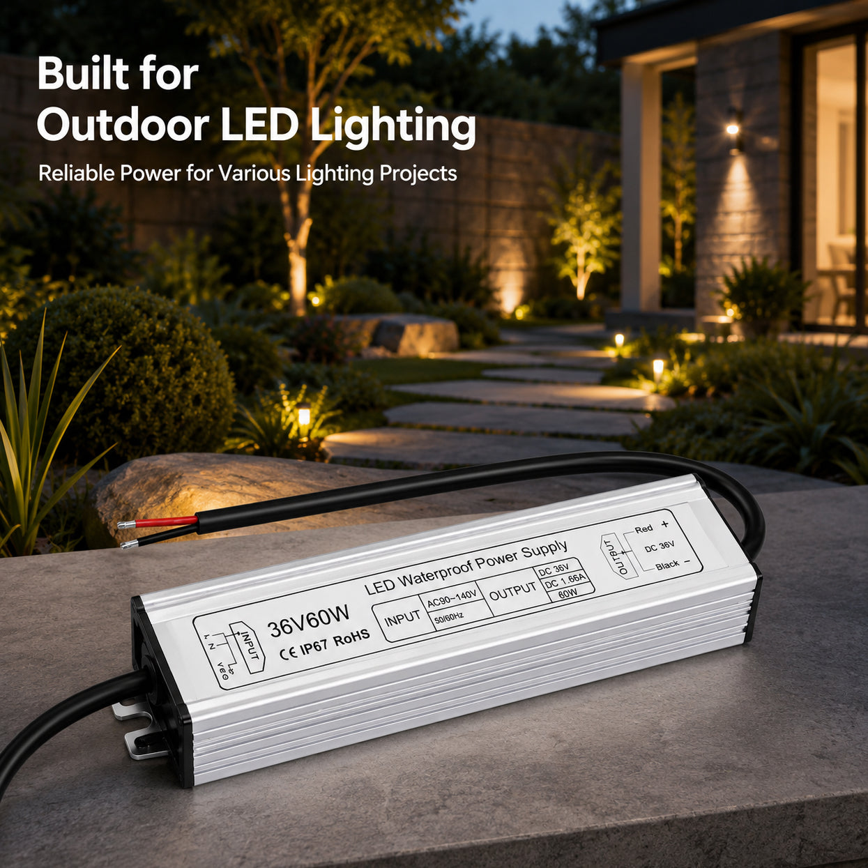 60W 12V/24V/36V/48V Waterproof LED Power Supply, 90-265V Input, Single Output, Aluminum Housing, Outdoor LED Lighting Driver, CE/RoHS/FCC Certified, US/UK/EU Plug