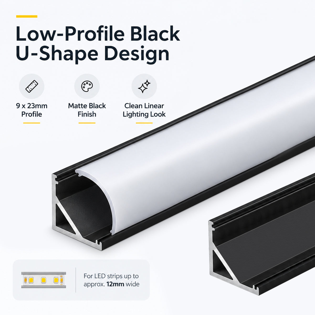 Black V02 16x16mm V-Shape Corner-Mount LED Aluminum Channel, 12mm Inner Width, with Cover, End Caps & Mounting Clips