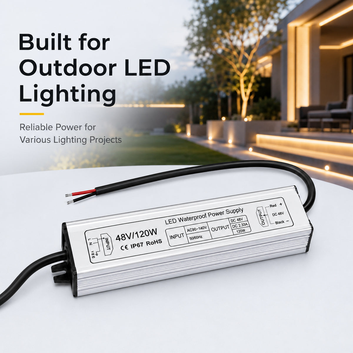 120W 36V/48V Waterproof LED Power Supply, 175-265V Input, Single Output, Aluminum Housing, Outdoor LED Lighting Driver, CE/RoHS/FCC Certified, UK/EU Plug