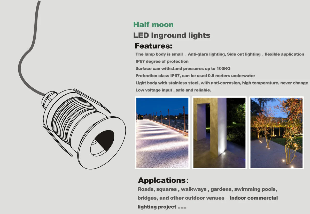 8/10-Pack Low Voltage LED Step Lights – 45° Beam Angle | 1W / 3W | 3000K / 4000K / 6000K Optional | DC12–24V | IP67 Waterproof Stainless Steel Inground Lights with Anti-glare Half Moon Lens for Deck, Pathway & Stair Lighting