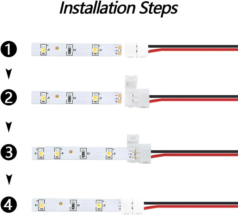 LightingWill LED Strip Connector 10mm 2Pin Solderless Clips, LED Light Strip Connector Strip to Wire Strip to Strip DC Adapter L T Connectors, 10 Pack, Local Stock US UK