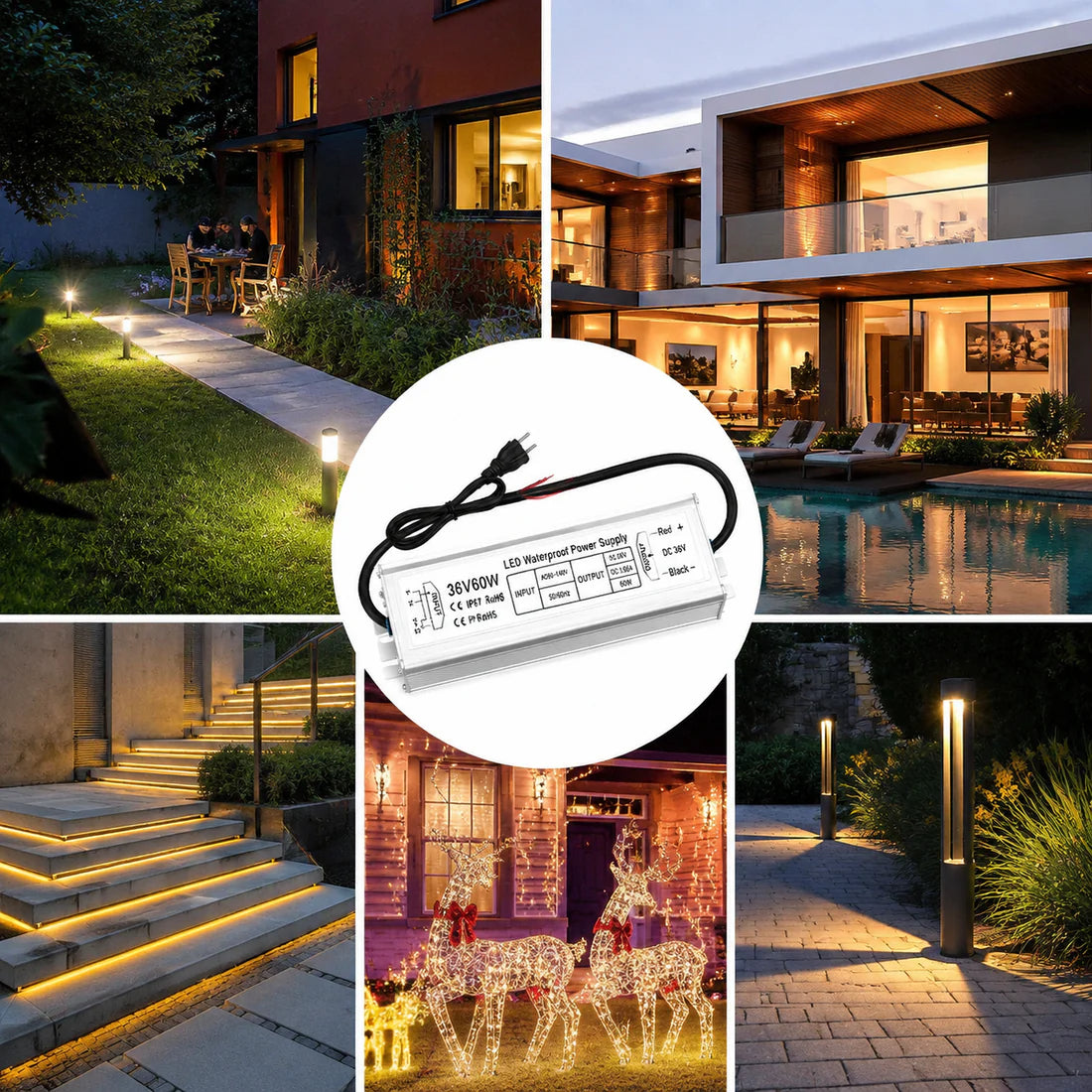 60W 12V/24V/36V/48V Waterproof LED Power Supply, 90-265V Input, Single Output, Aluminum Housing, Outdoor LED Lighting Driver, CE/RoHS/FCC Certified, US/UK/EU Plug