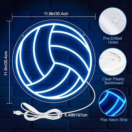 LED Neon Signs – Volleyball Silicone Neon Sign – 12×12 Inch | 5V USB Powered Dimmable Ice Blue Glow LED Wall Light | Neon Lamp with Accessories Included | Hanging Sports Decor for Bedroom, Game Room, Bar & Party Spaces