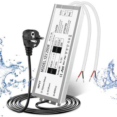 12V Waterproof LED Power Supply, 30W–300W Outdoor LED Driver, 90–265V AC Input, Single or Dual Wire Output, CE/RoHS/FCC Certified, US / UK / EU Plug &amp; Wire Lead Options