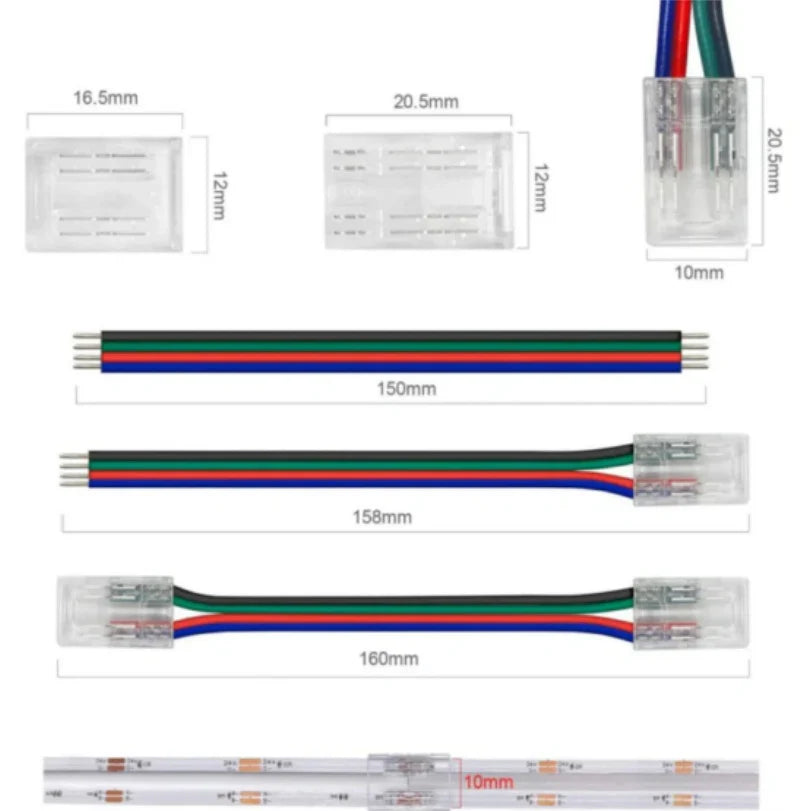 LightingWill LED Strip Connector 10mm 4Pin Transparent Solderless Clips, LED Light Strip Connector Strip to Wire Strip to Strip Female Plug Connector for RGB Strip, Bulk 500pcs MOQ Factory Direct