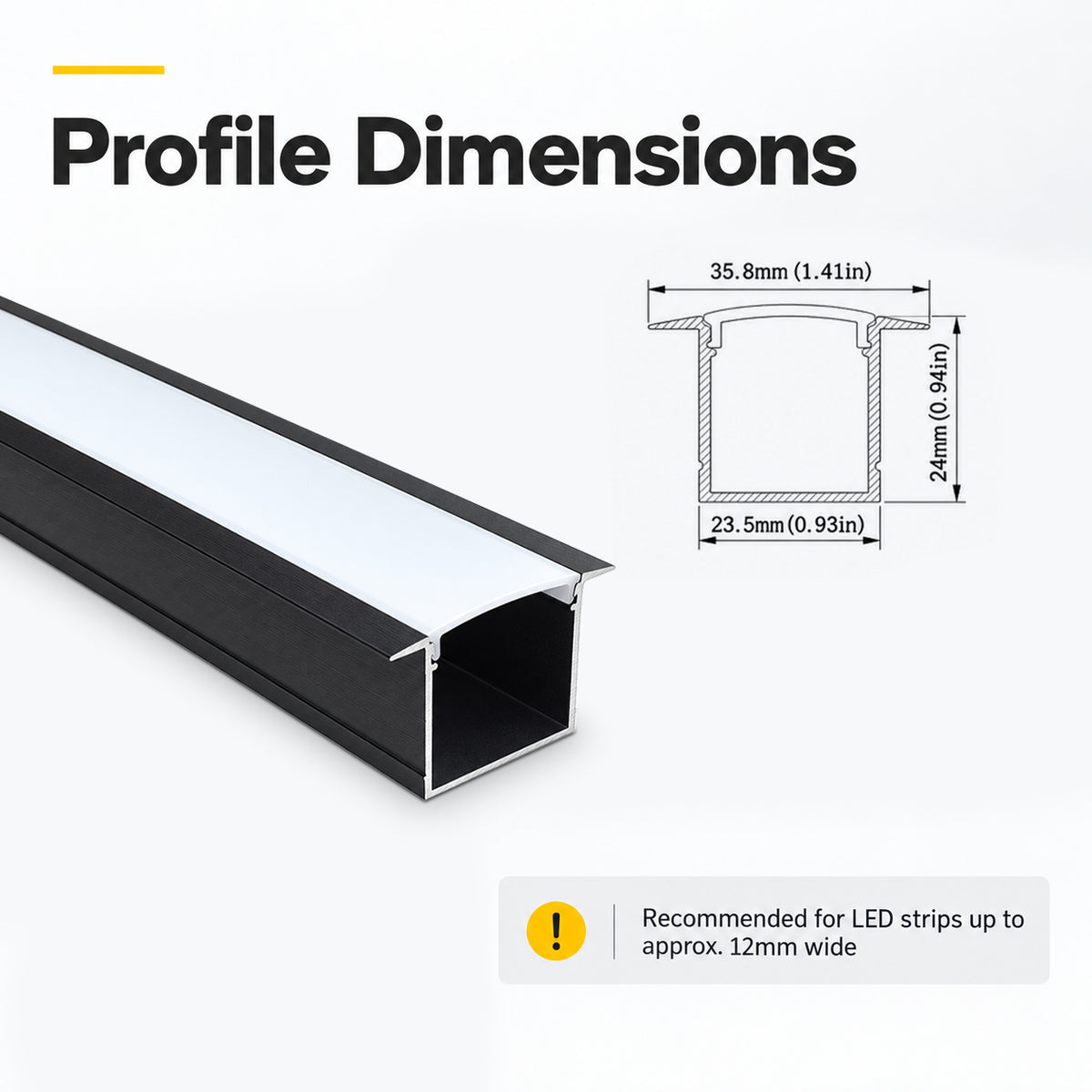 Schwarzes U05 36 x 24 mm U-förmiges Innenmaß 20 mm LED-Aluminium-Kanalsystem mit Abdeckung, Endkappen und Befestigungsklammern Aluminiumprofil für LED-Lichtstreifen ohne Fleckeninstallationen