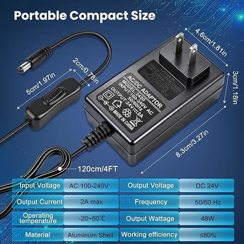 DC 24V Plug-in LED Adapter with On/Off Switch, 72W, US Plug, Black Housing, 100–240V AC Input - Power Supply for High Power LED Strip Lights and Decorative Lighting