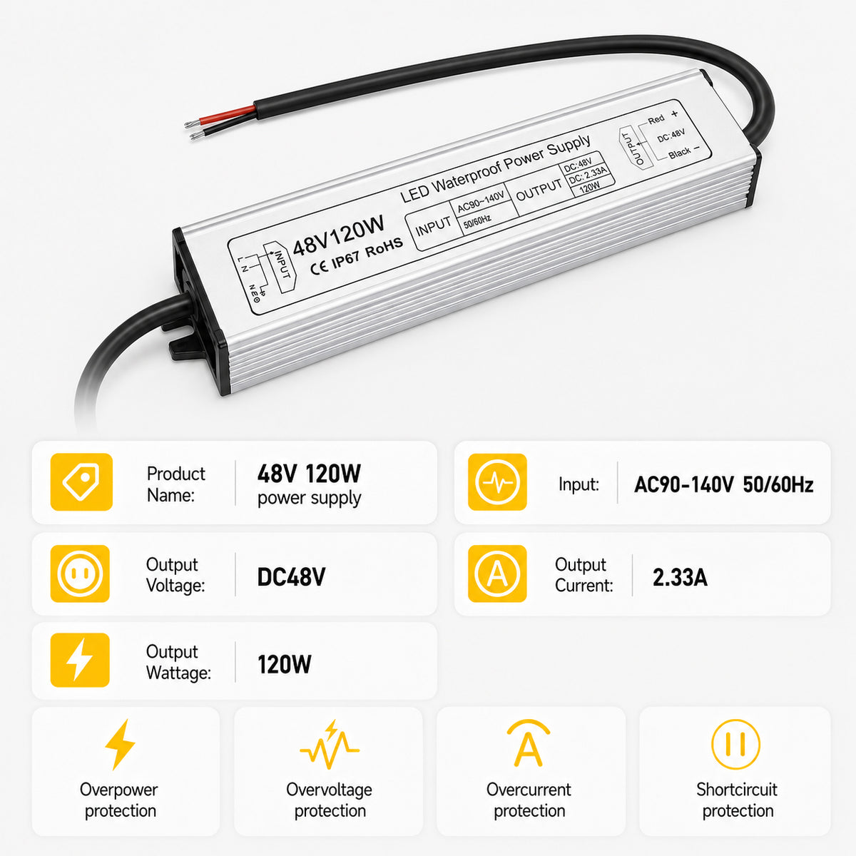 120W 36V/48V Waterproof LED Power Supply, 90-140V Input, Single Output, Aluminum Housing, Outdoor LED Lighting Driver, CE/RoHS/FCC Certified, US Plug
