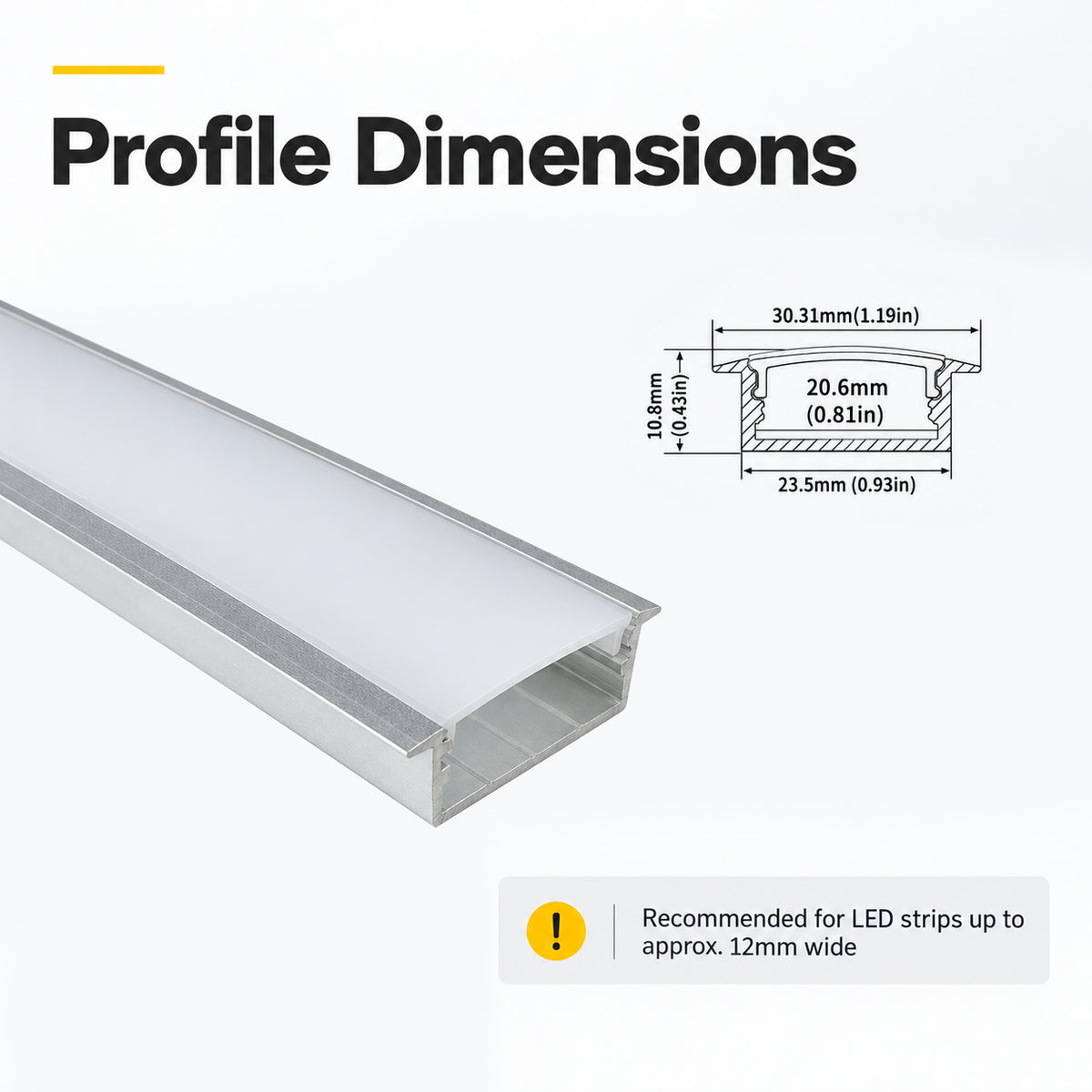 Silber U03 10 x 30 mm U-Form Innenbreite 20 mm LED-Aluminium-Kanalsystem mit Abdeckung, Endkappen und Befestigungsklammern Aluminiumprofil für LED-Lichtstreifeninstallationen