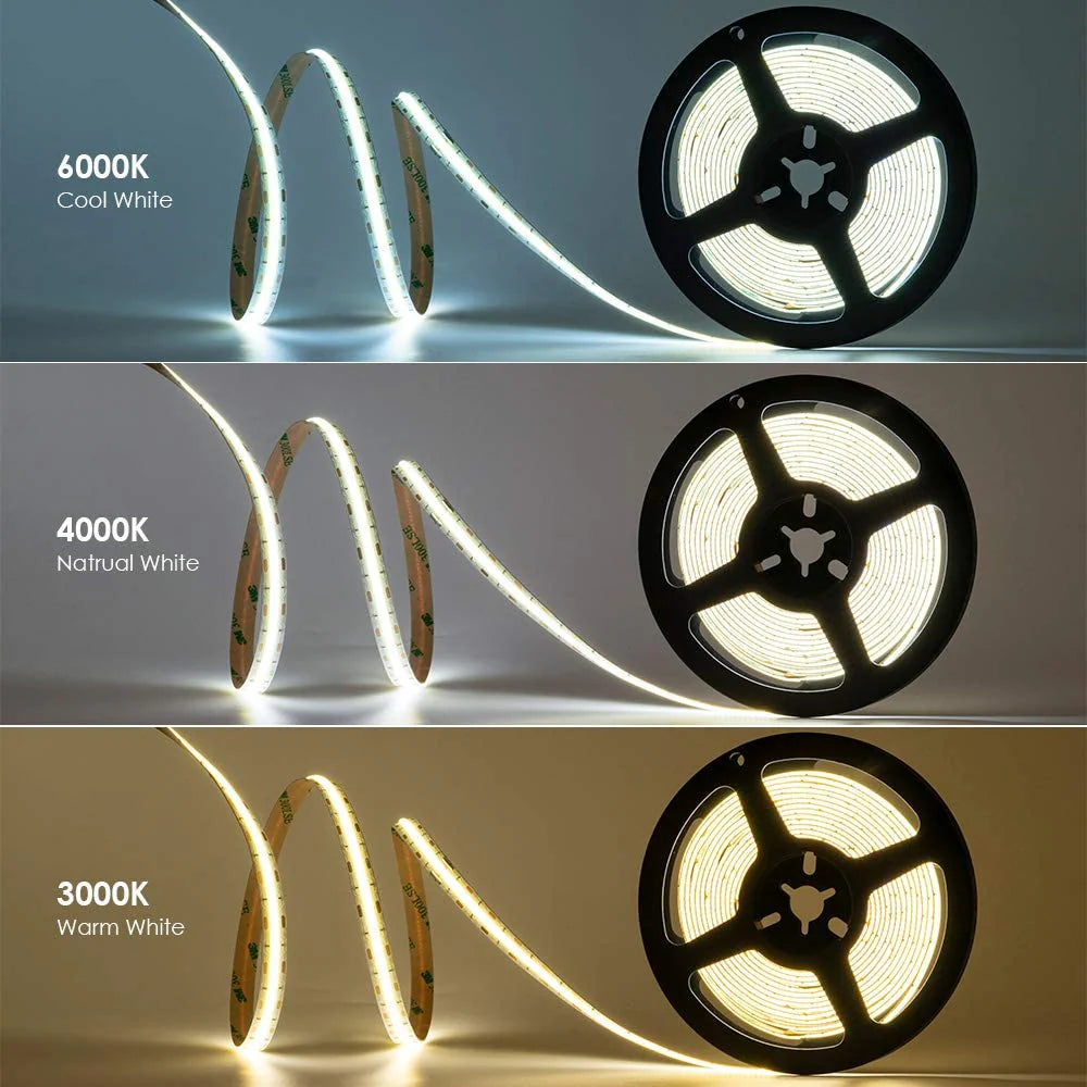 COB LED Strip Light 12V/24V 320/480/512LEDs/M, 8mm Flexible Dot-Free LED Tape, CRI80+ High Brightness Non-Waterproof, 3000K/4000K/6500K & RGB Colors for Cabinet Kitchen Lighting, 5M/10M Pack