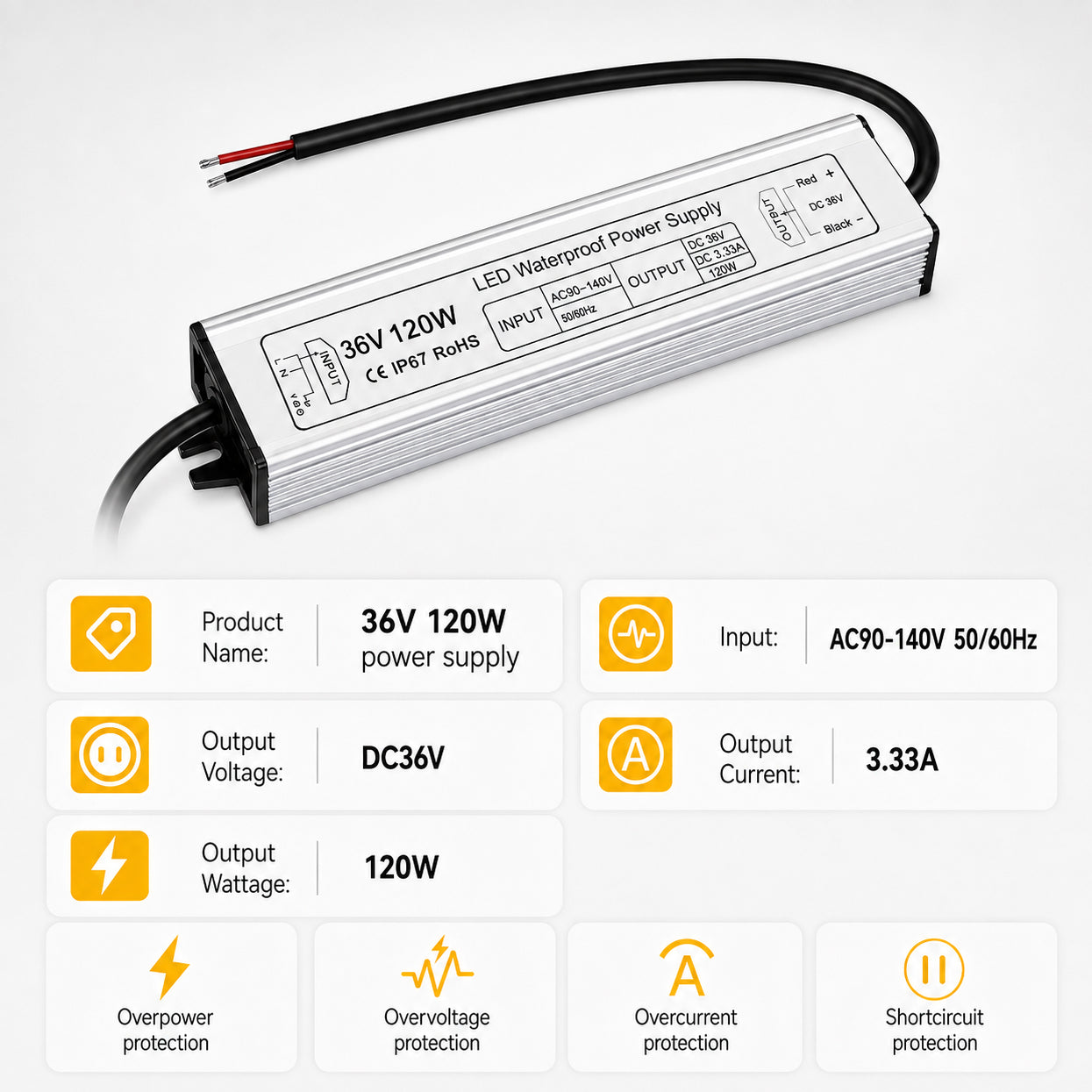 120W 36V/48V Waterproof LED Power Supply, 175-265V Input, Single Output, Aluminum Housing, Outdoor LED Lighting Driver, CE/RoHS/FCC Certified, UK/EU Plug