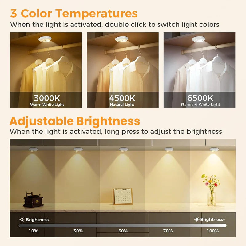 LightingWill Rechargeable Pebble LED Closet Light 4/6 Pack 1 LED, 3 Color Modes 3000K / 4000K / 6000K Motion Sensor Dimmable Cabinet Light, Tap Switch, White Finish, Magnetic Mounting